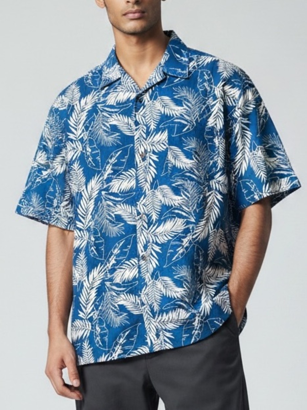 Tropical Leaf Print Button Front Hawaiian  Shirt Relaxed Resort Vacation Coastal